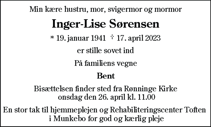 Dødsannonce for Inger-Lise Sørensen