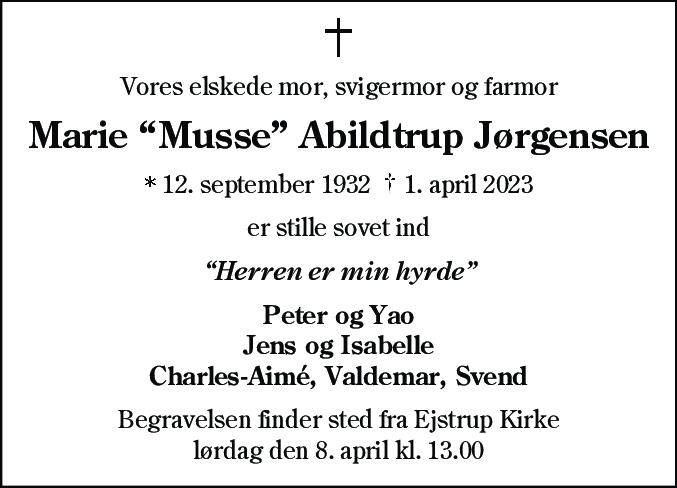 Dødsannonce for Marie Jørgensen