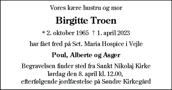Dødsannonce for Birgitte Troen