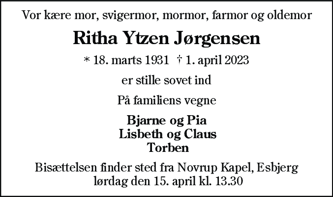 Dødsannonce for Ritha Jørgensen