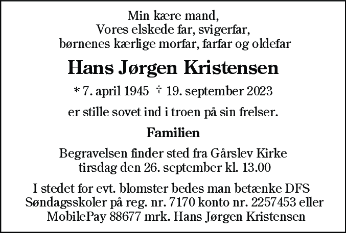 Dødsannonce for Hans Jørgen Kristensen