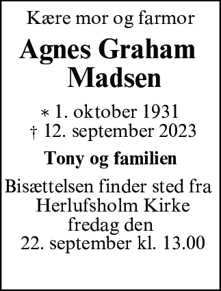 Dødsannonce for Agnes Graham Madsen