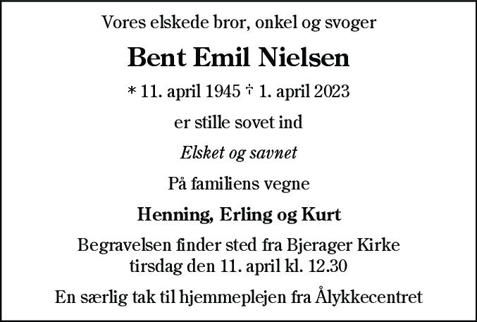 Dødsannonce for Bent Emil Nielsen