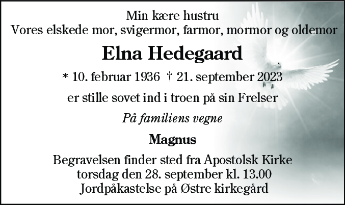 Dødsannonce for Elna Hedegaard