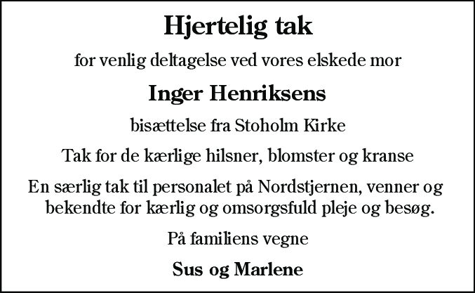 Dødsannonce for Inger Henriksen