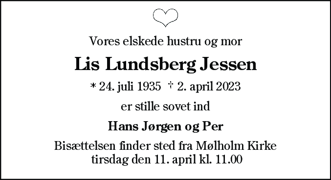 Dødsannonce for Lis Lundsberg Jessen