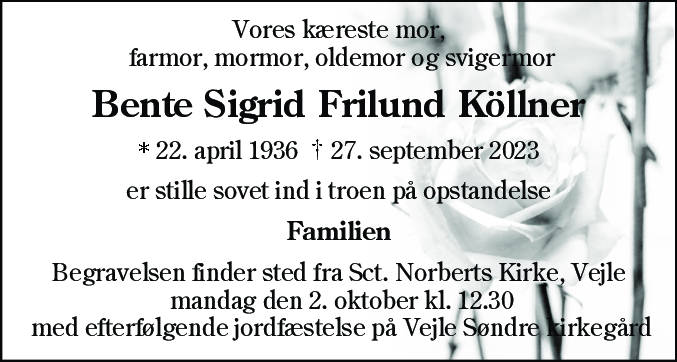 Dødsannonce for Bente Sigrid Frilund Köllner