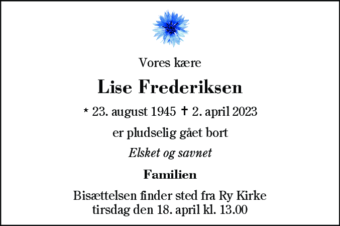 Dødsannonce for Lise Frederiksen