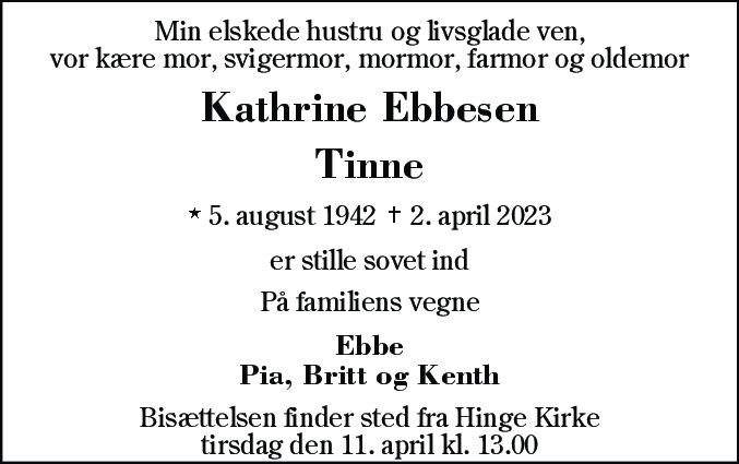 Dødsannonce for Kathrine Ebbesen
