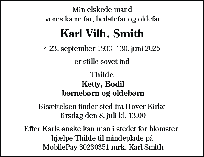 Dødsannonce for Karl Vilh. Smith