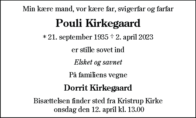 Dødsannonce for Pouli Kirkegaard