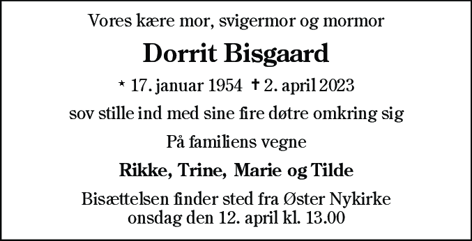 Dødsannonce for Dorrit Bisgaard
