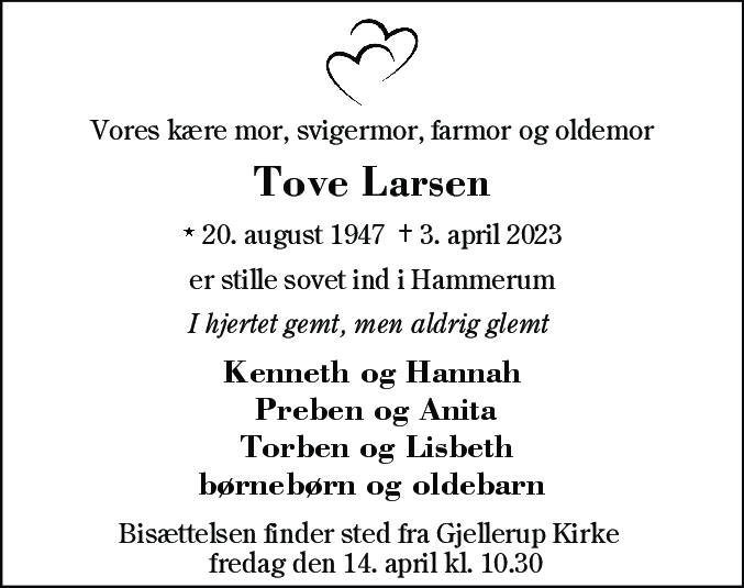 Dødsannonce for Tove Larsen