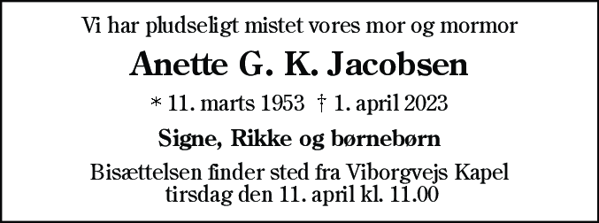 Dødsannonce for Anette Grønkær Kirk Jacobsen