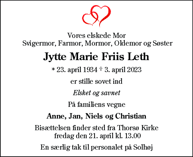 Dødsannonce for Jytte Marie Friis Leth