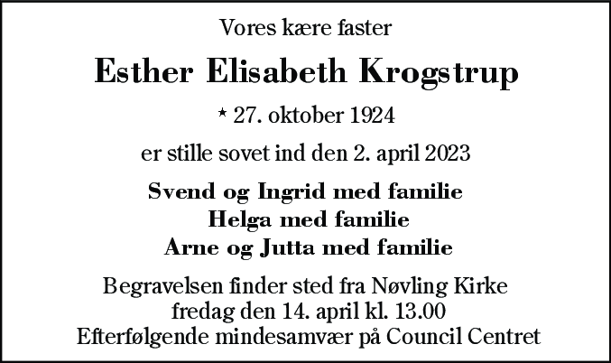 Dødsannonce for Esther Elisabeth Krogstrup