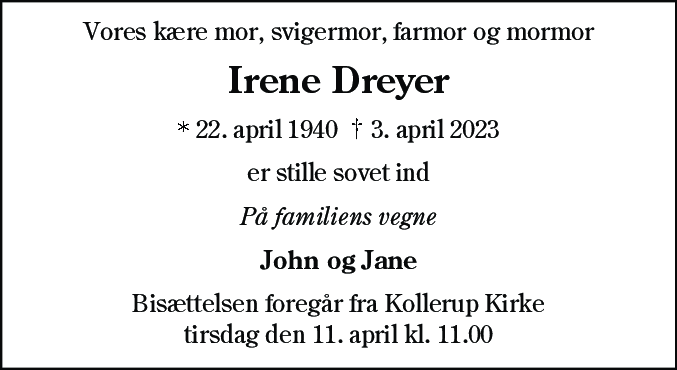 Dødsannonce for Irene Dreyer