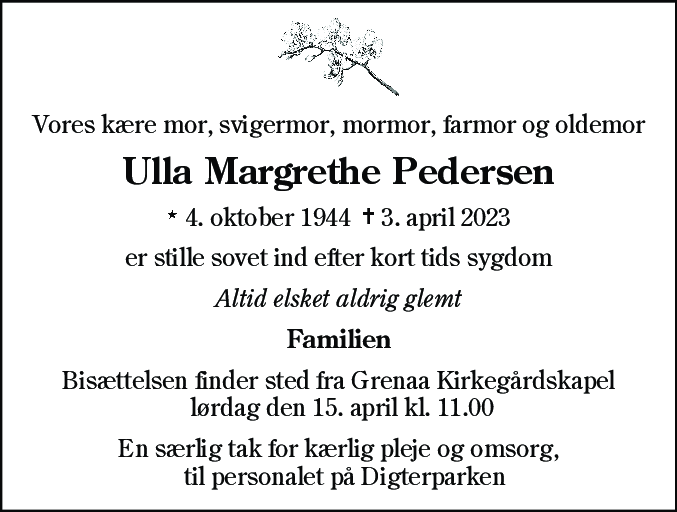 Dødsannonce for Ulla Margrethe Pedersen