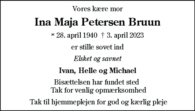 Dødsannonce for Ina Maja Petersen Bruun