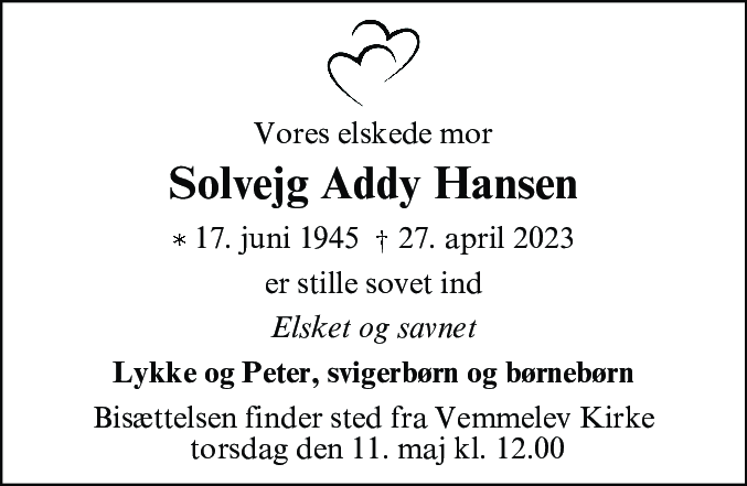 Dødsannonce for Solvejg Addy Hansen