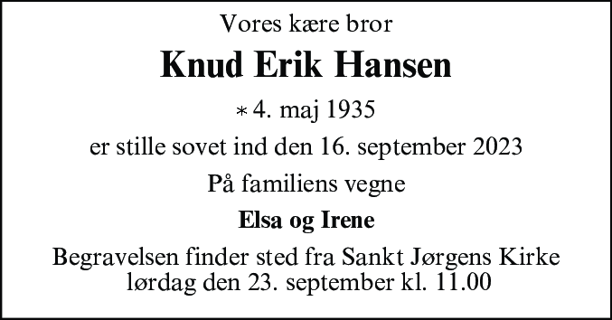 Dødsannonce for Knud Erik Vincents Hansen