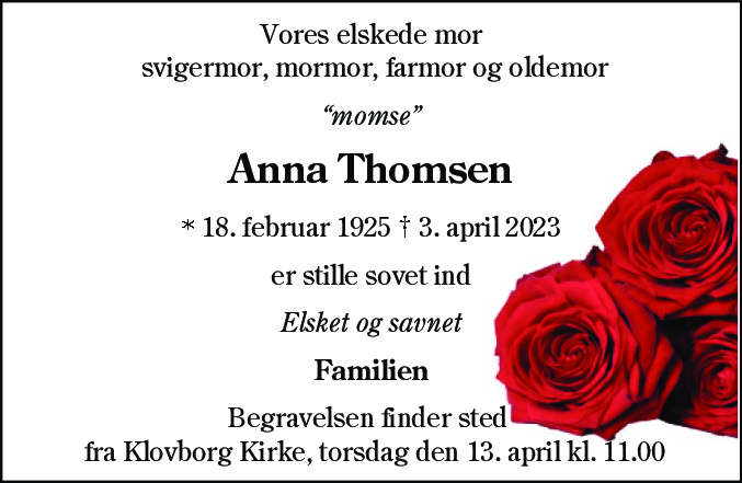 Dødsannonce for Anna Thomsen