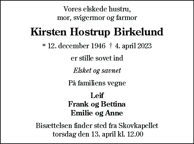 Dødsannonce for Kirsten Hostrup Birkelund
