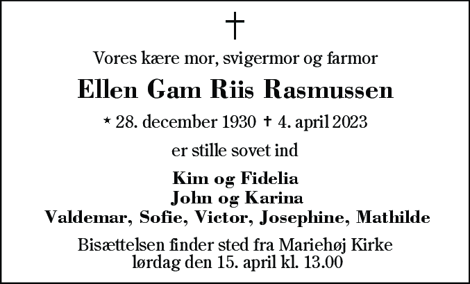 Dødsannonce for Ellen Henny Gam Rasmussen