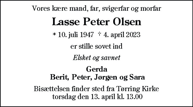 Dødsannonce for Lasse Peter Olsen