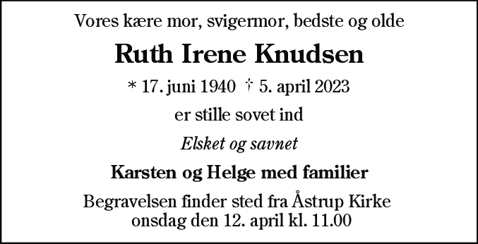 Dødsannonce for Ruth Irene Knudsen