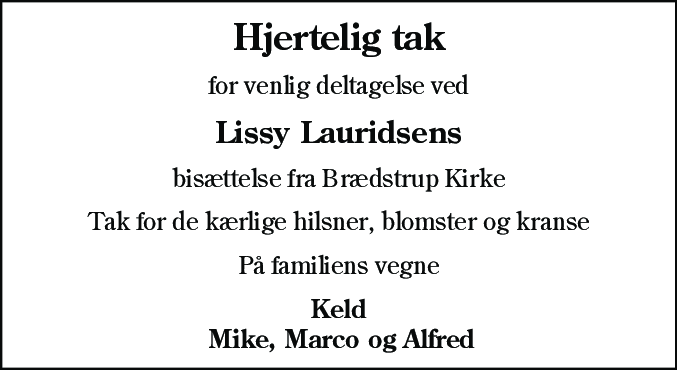 Dødsannonce for Edith Lissy Lauridsen