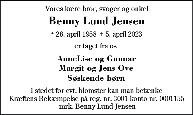 Dødsannonce for Benny Lund Jensen