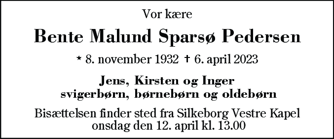 Dødsannonce for Bente Malund Sparsø Pedersen