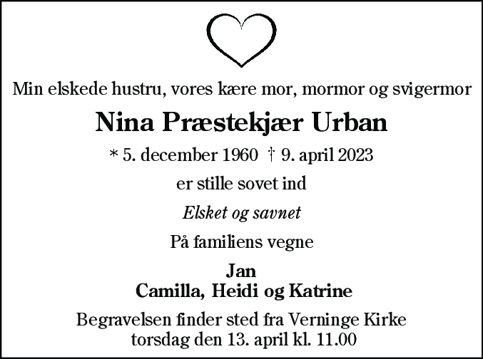 Dødsannonce for Nina Præstekjær Urban