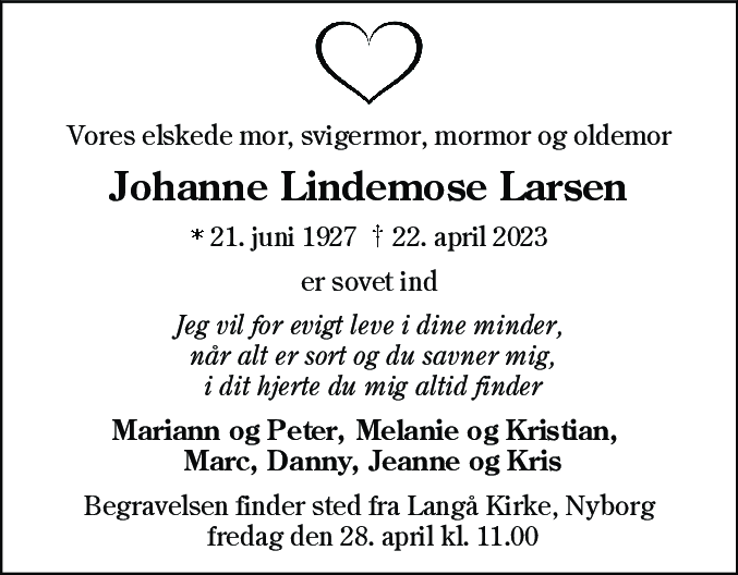 Dødsannonce for Johanne Lindemose Larsen