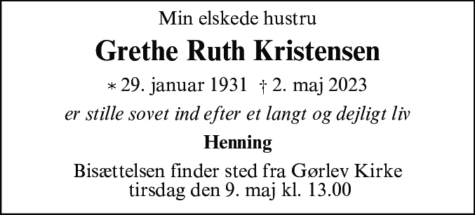 Dødsannonce for Grethe Ruth Kristensen