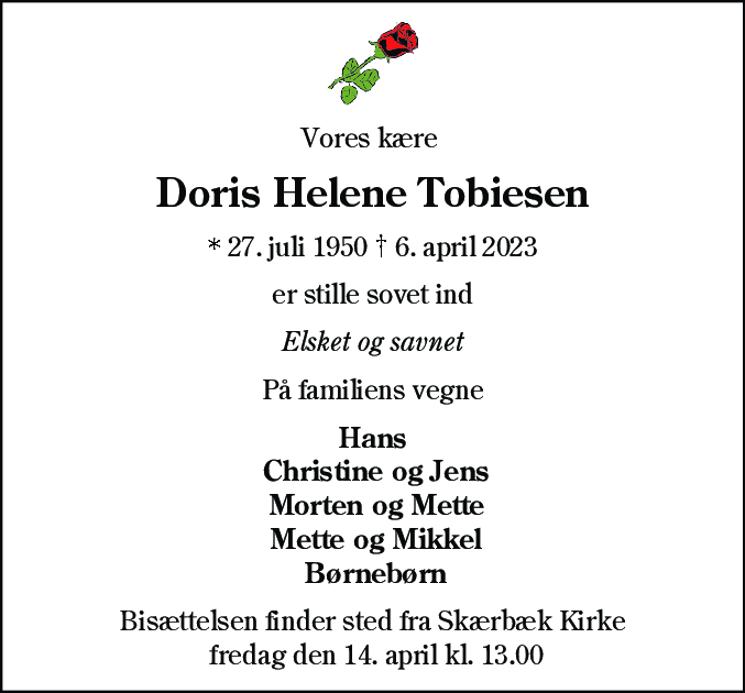 Dødsannonce for Doris Helene Tobiesen