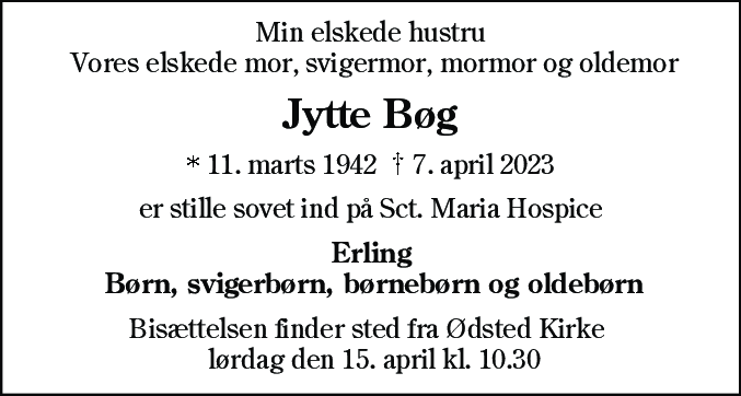 Dødsannonce for Jytte Bøg