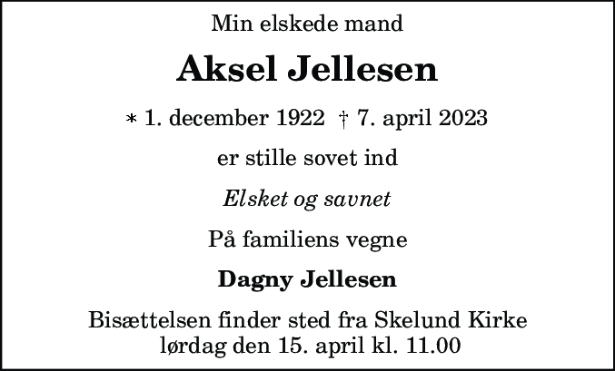 Dødsannonce for Aksel Jellesen
