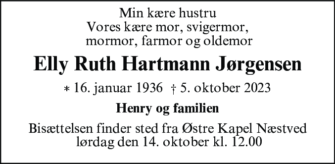 Dødsannonce for Elly Ruth Hartmann Jørgensen