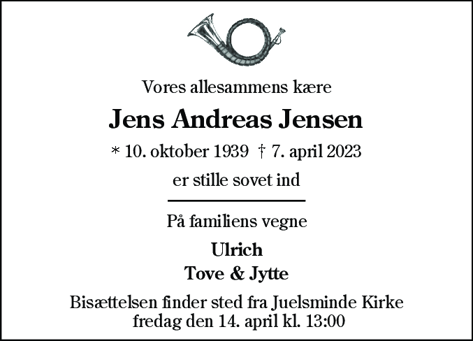 Dødsannonce for Jens Andreas Jensen