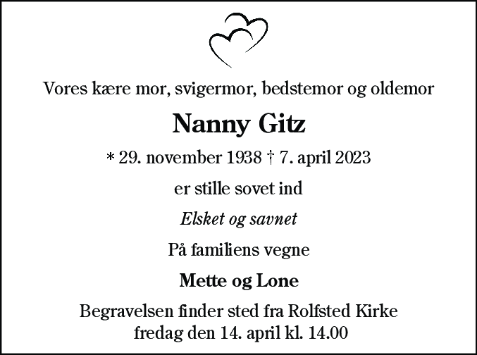Dødsannonce for Nanny Gitz