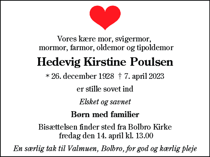 Dødsannonce for Hedevig Kirstine Poulsen