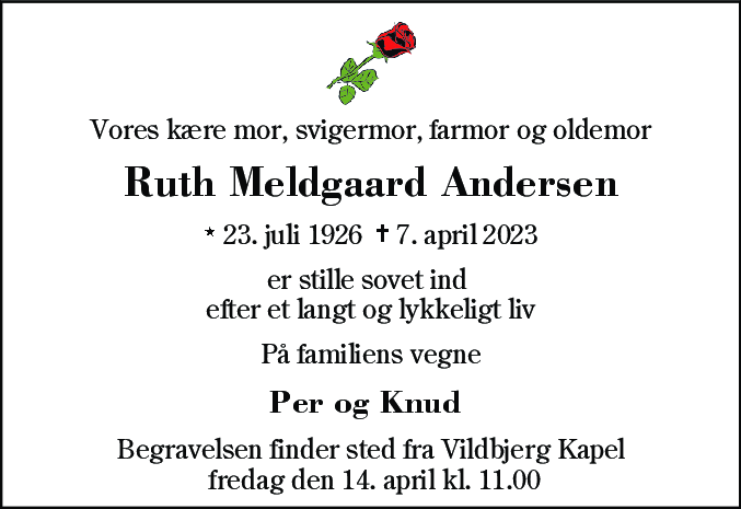 Dødsannonce for Ruth Meldgaard Andersen
