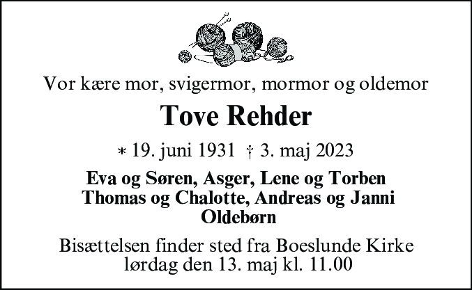 Dødsannonce for Tove Rigmor Holst Rehder
