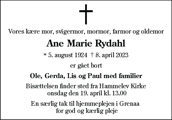 Dødsannonce for Ane Marie Rydahl