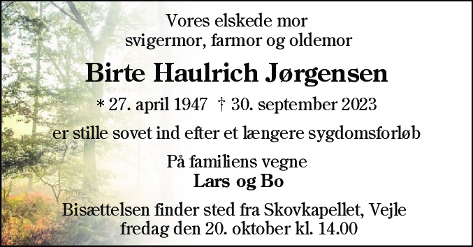 Dødsannonce for Birte Haulrich Jørgensen