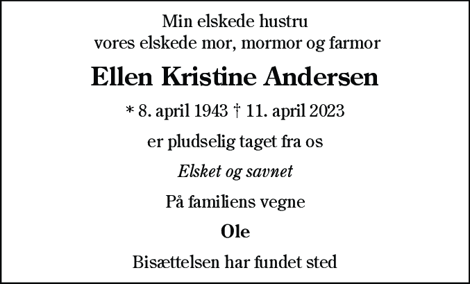 Dødsannonce for Ellen Kristine Andersen