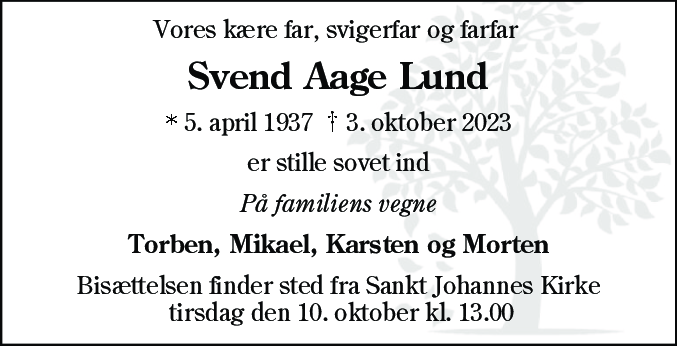 Dødsannonce for Svend Aage Lund