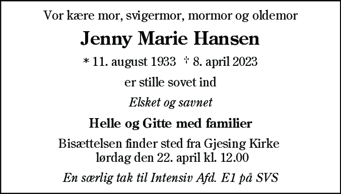 Dødsannonce for Jenny Marie Hansen